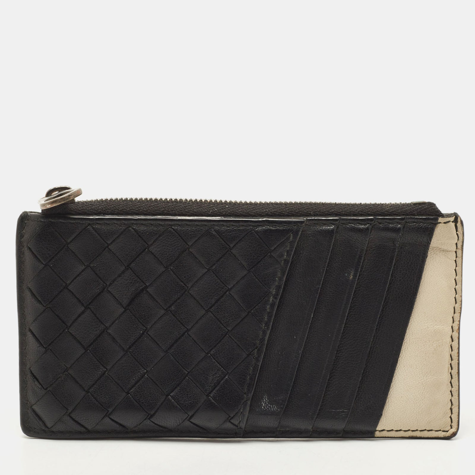 Bottega Veneta Black/White Intrecciato Leather Zip Card Holder