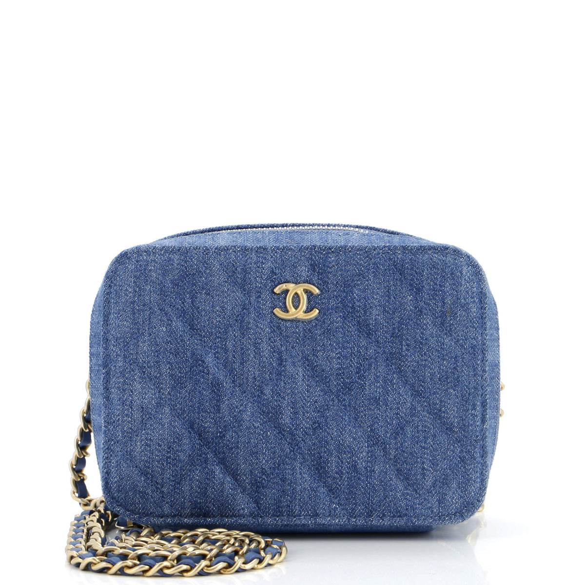 Chanel CHANEL Pearl Crush Zip Around Vanity Case with Chain Quilted Denim Mini