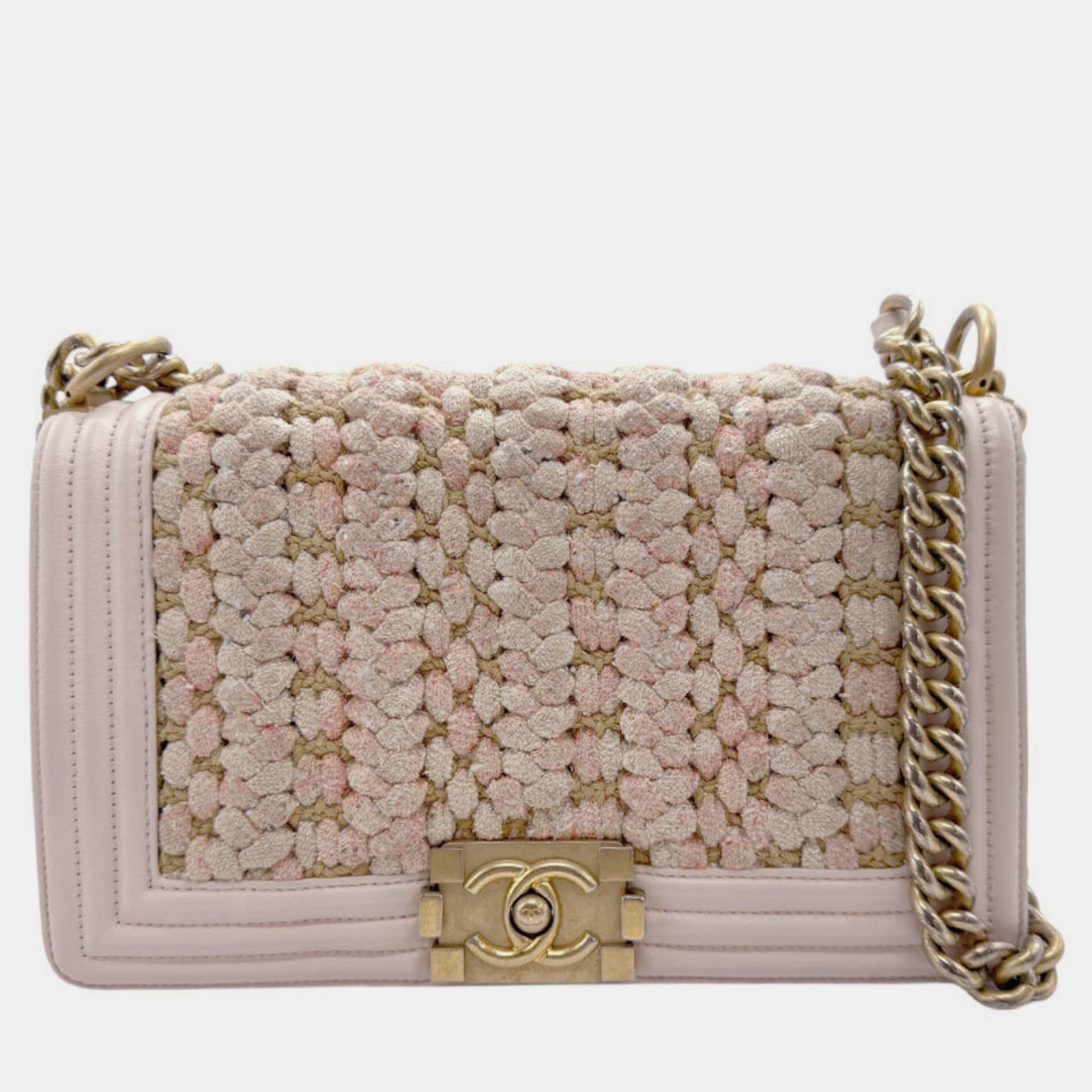 Chanel Hellrosa Beige Gold Baumwollleder Jungentasche