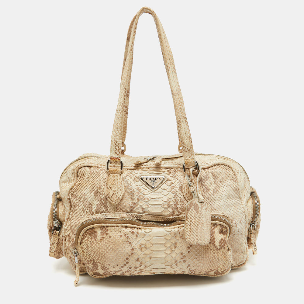 Beige Python Front Pocket Satchel