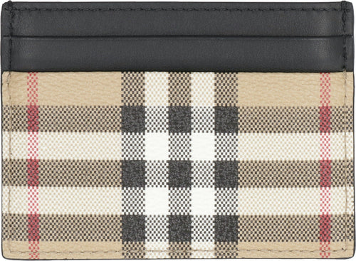 Men's Leather And Checked Fabric Card Holder in Beige | 8069822143231 Color A7026