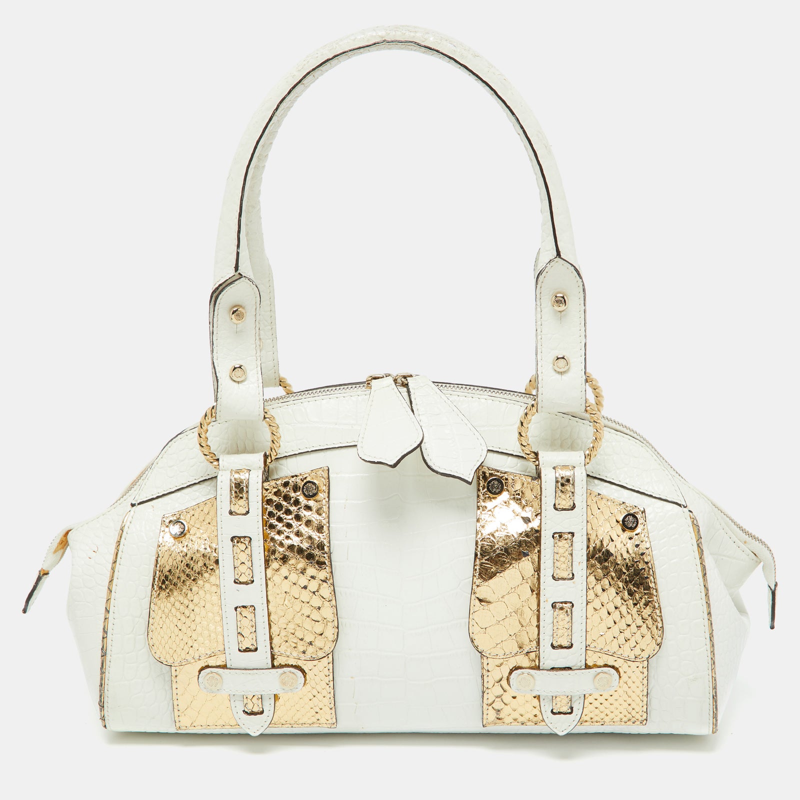 Roberto Cavalli White/Gold Croc Embossed Leather and Snakeskin Satchel