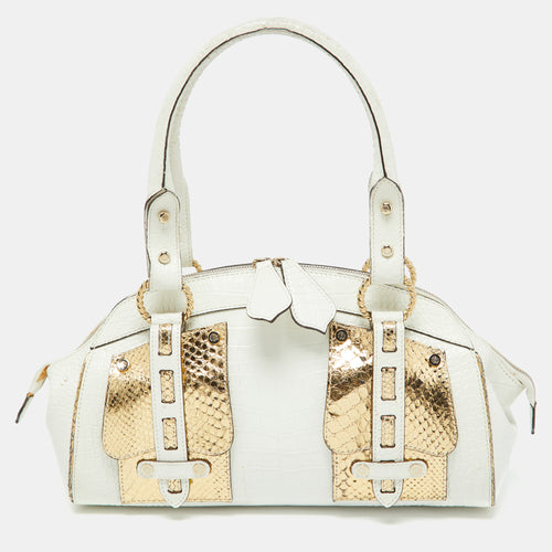 White/Gold Croc Embossed Leather and Snakeskin Satchel