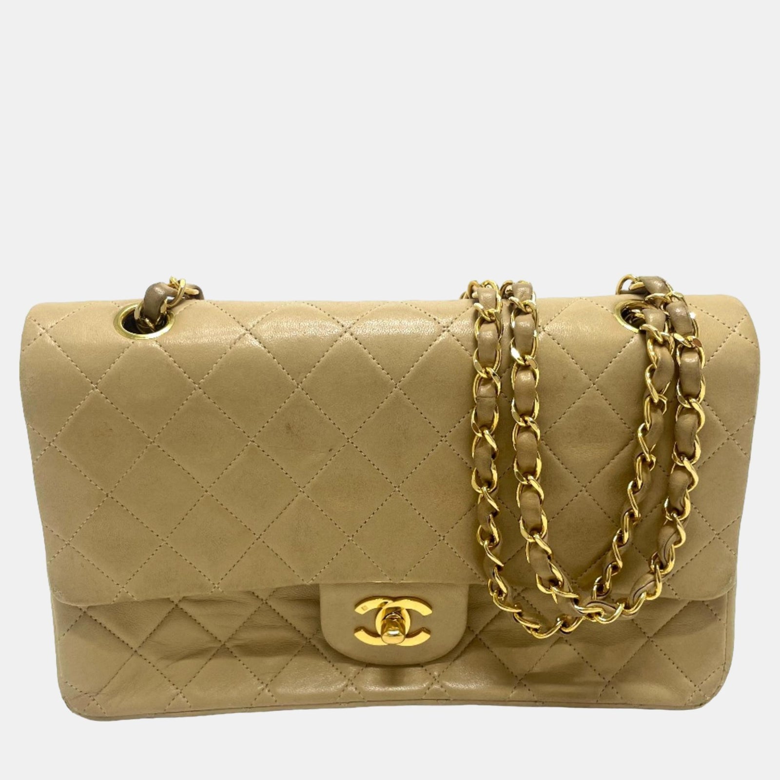 Chanel Mittelgroße klassische Schultertasche aus Leder mit Doppelklappe in Beige