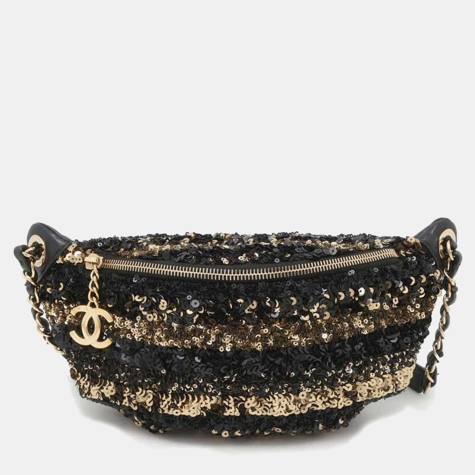 Chanel Sac à bandoulière Cruise Line Matelasse en cuir à paillettes noir/doré