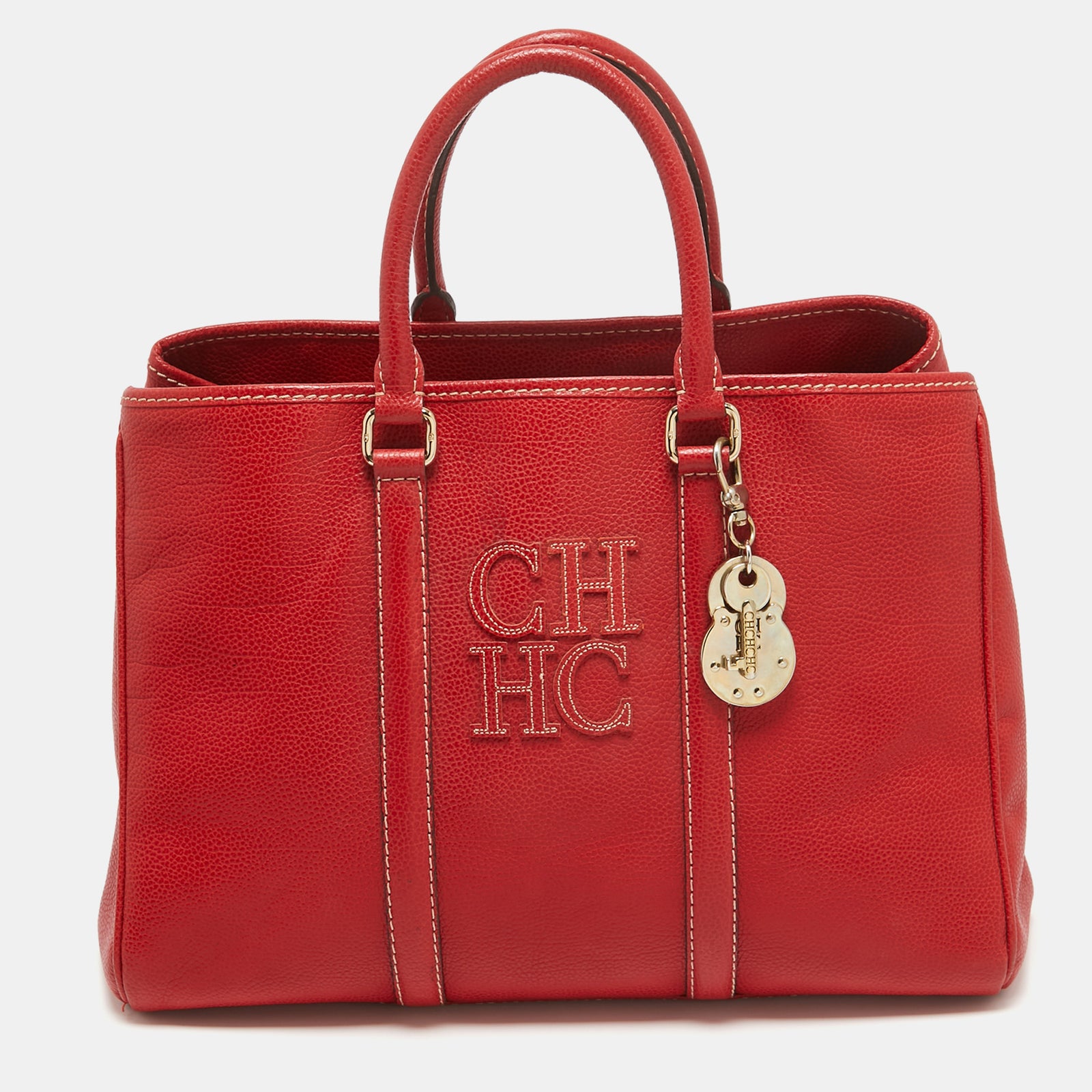 Ch Carolina Herrera Red Grained Leather Matteo Tote