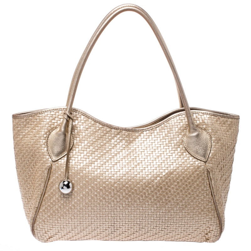 Furla Gold Woven Raffia and Leather Shopper Tote