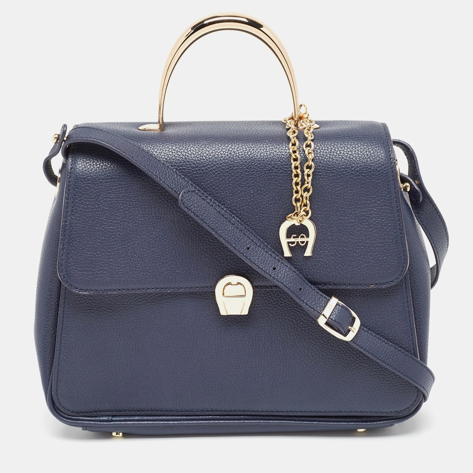 Aigner Navy Blue Leather Genoveva M Top Handle Bag