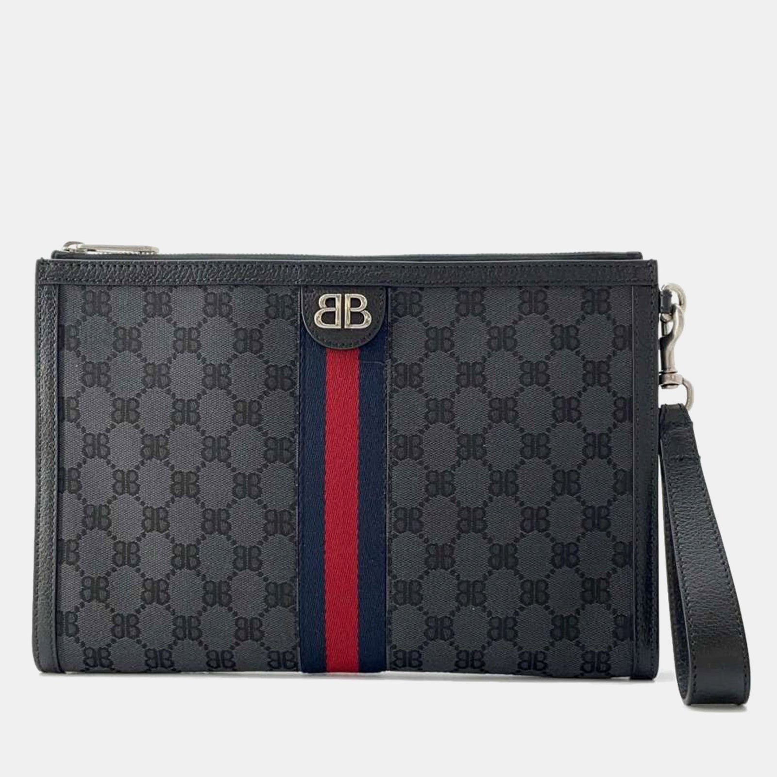 Balenciaga x Gucci „The Hacker Project“ BB-Clutch aus schwarzem Canvas mit Webstreifen