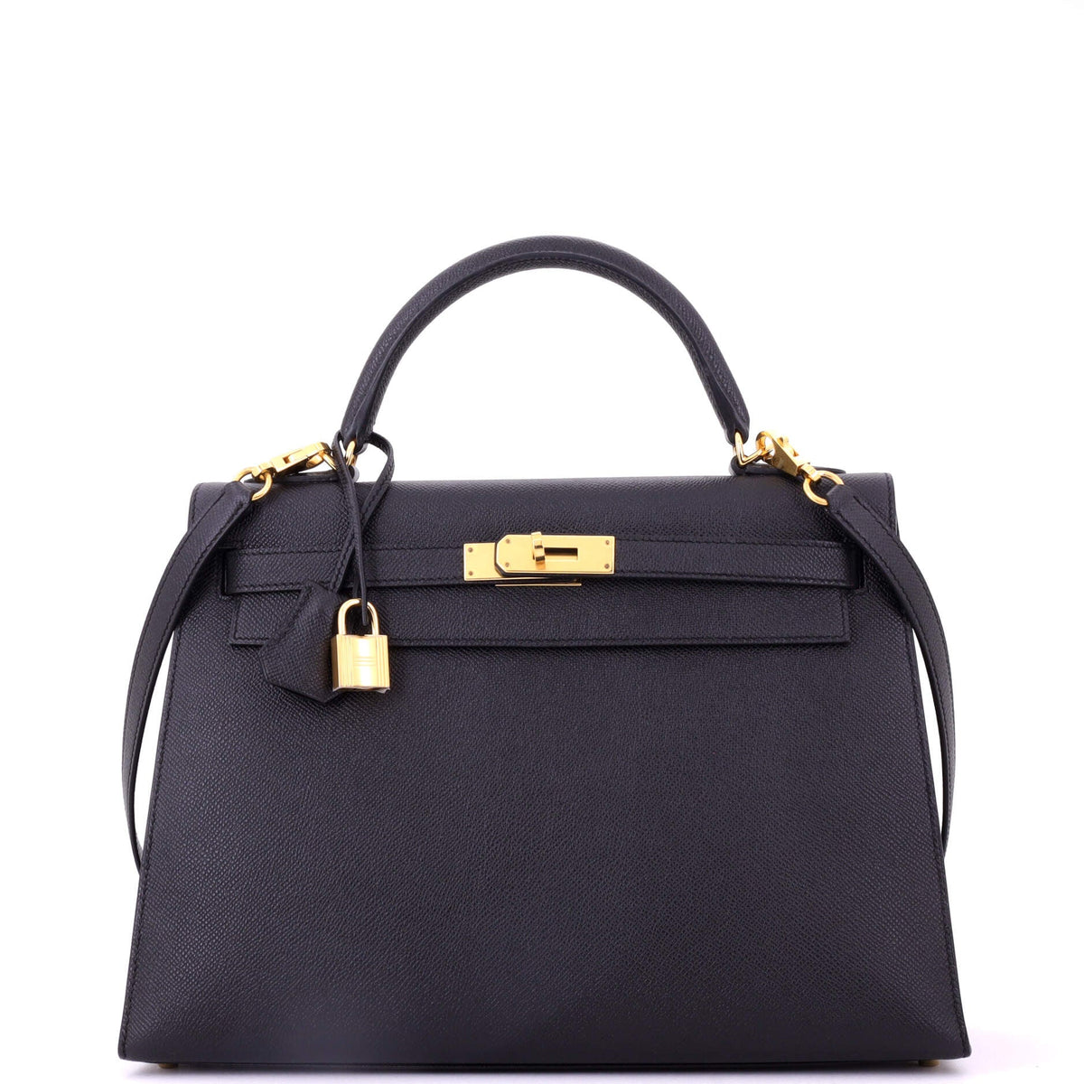 Herm?s Kelly Handbag Noir Epsom with Gold Hardware 32