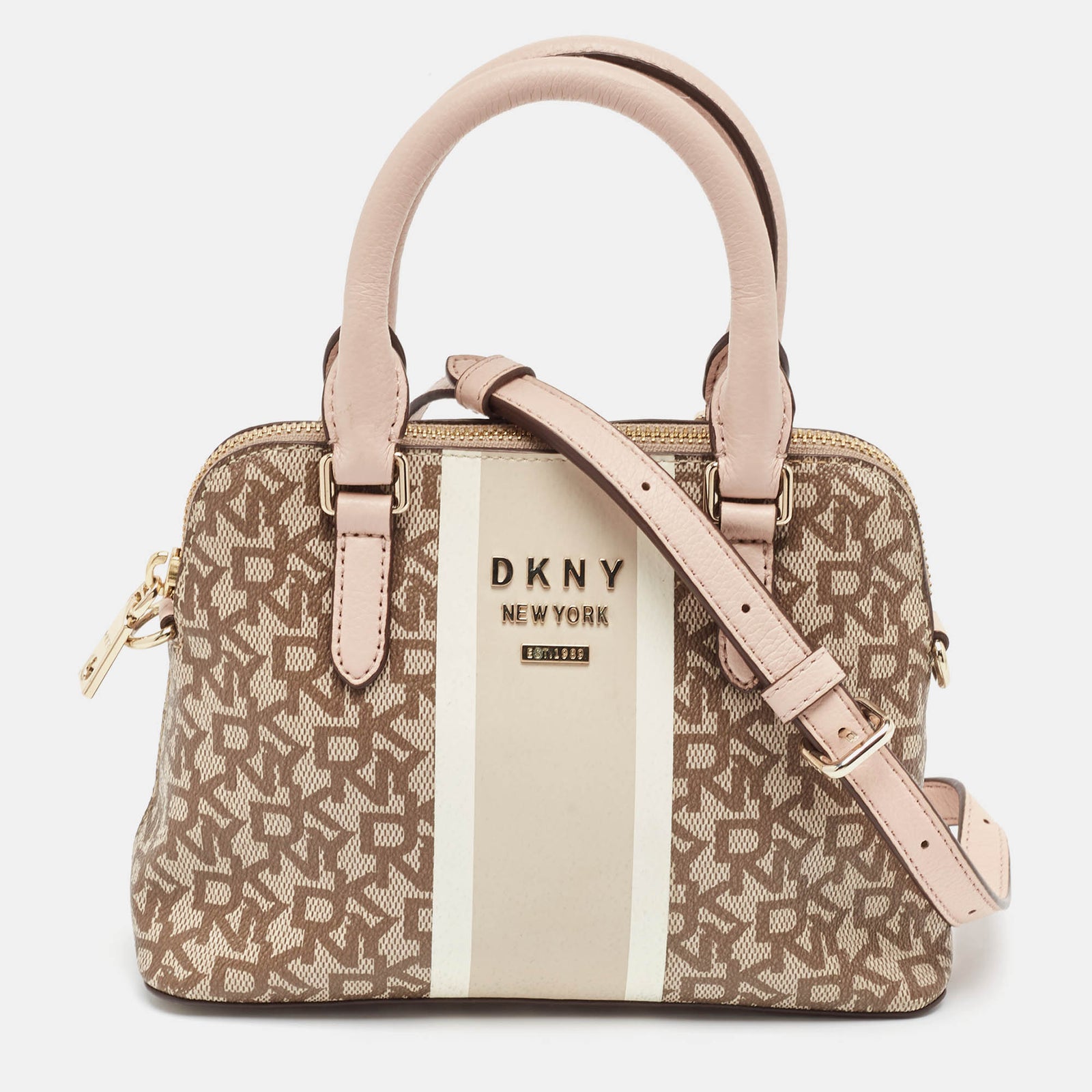 DKNY Pink/Beige Signature Coated Canvas and Leather Stripe Dome Satchel