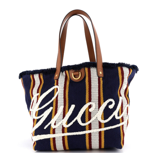 GUCCI Script Open Tote Embroidered Stripe Canvas with Leather Large
