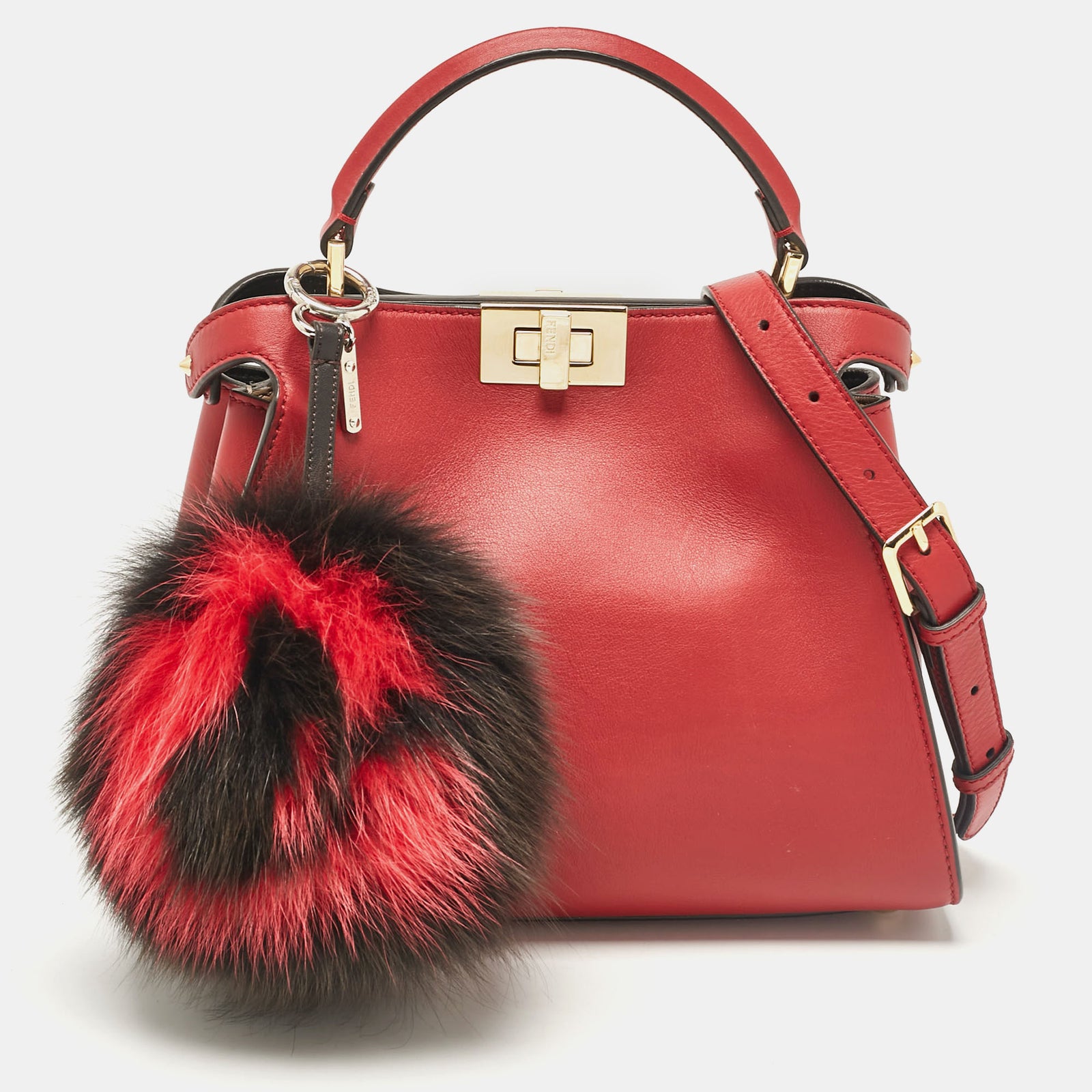 Fendi Red Leather Peekaboo Essentially Top Handle Bag