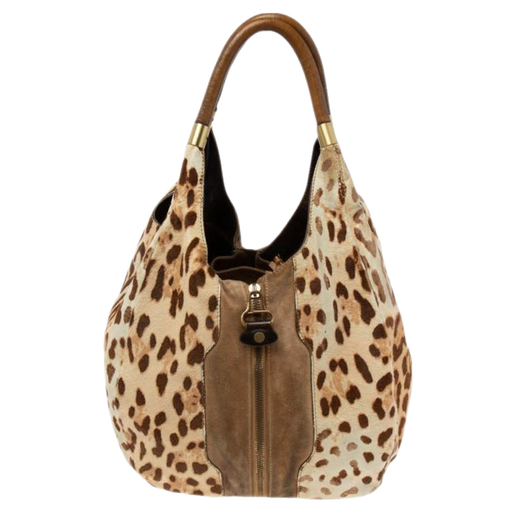 Jimmy Choo Beige/Brown Leopard Print Calf Hair and Suede Mandah Expandable Hobo