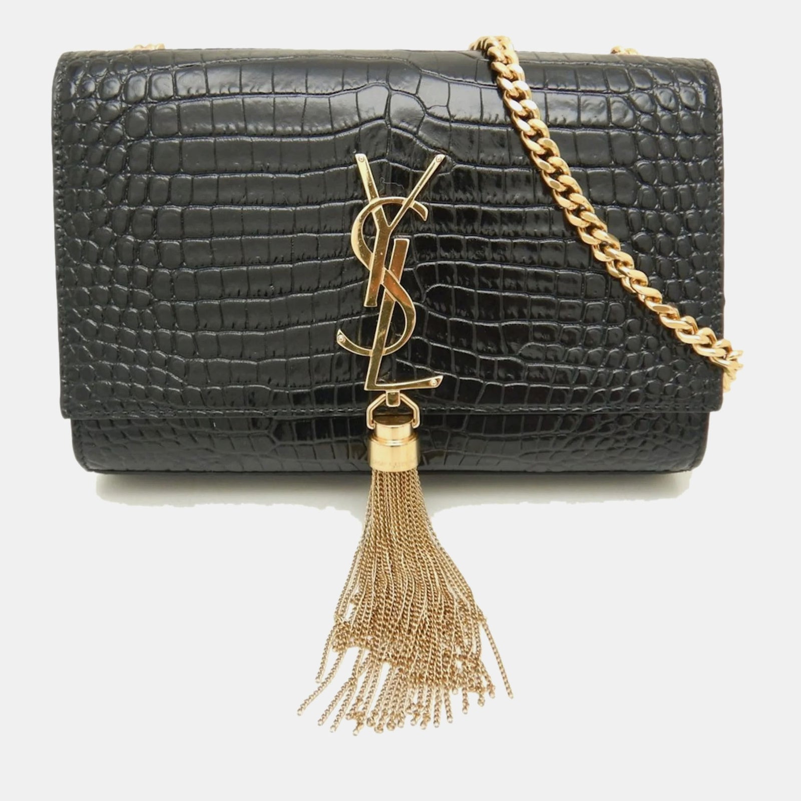 Saint Laurent Paris Black Crocodile Embossed Medium Classic Kate Tassel Chain Shoulder Bag