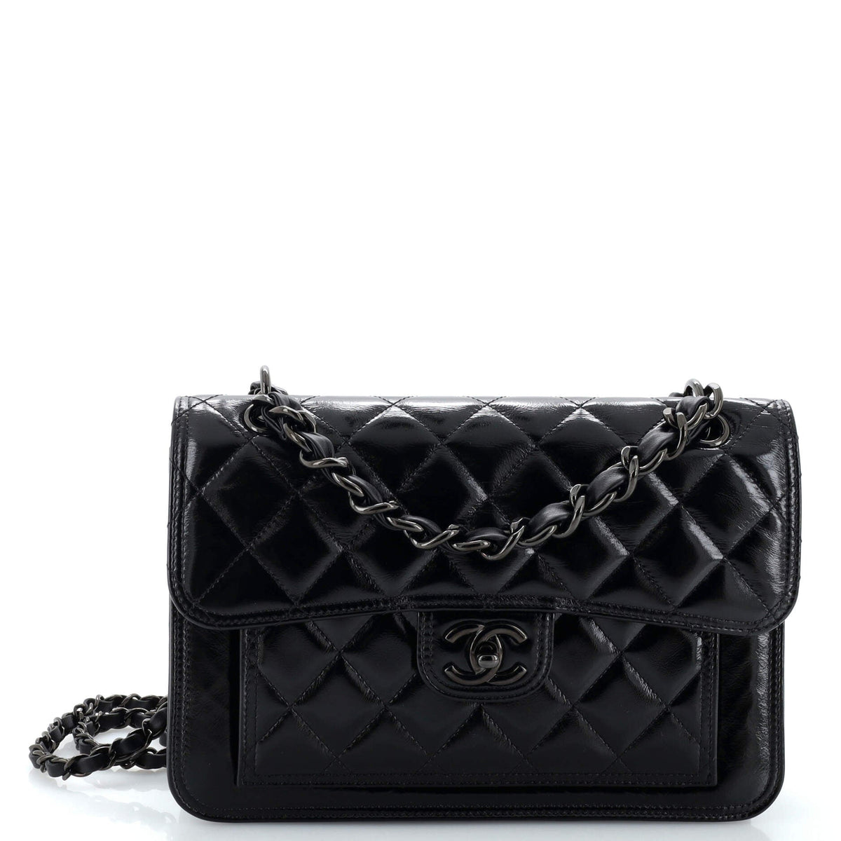 Chanel CHANEL So Black Double You CC Flap Bag Quilted Shiny Crumpled Calfskin Medium