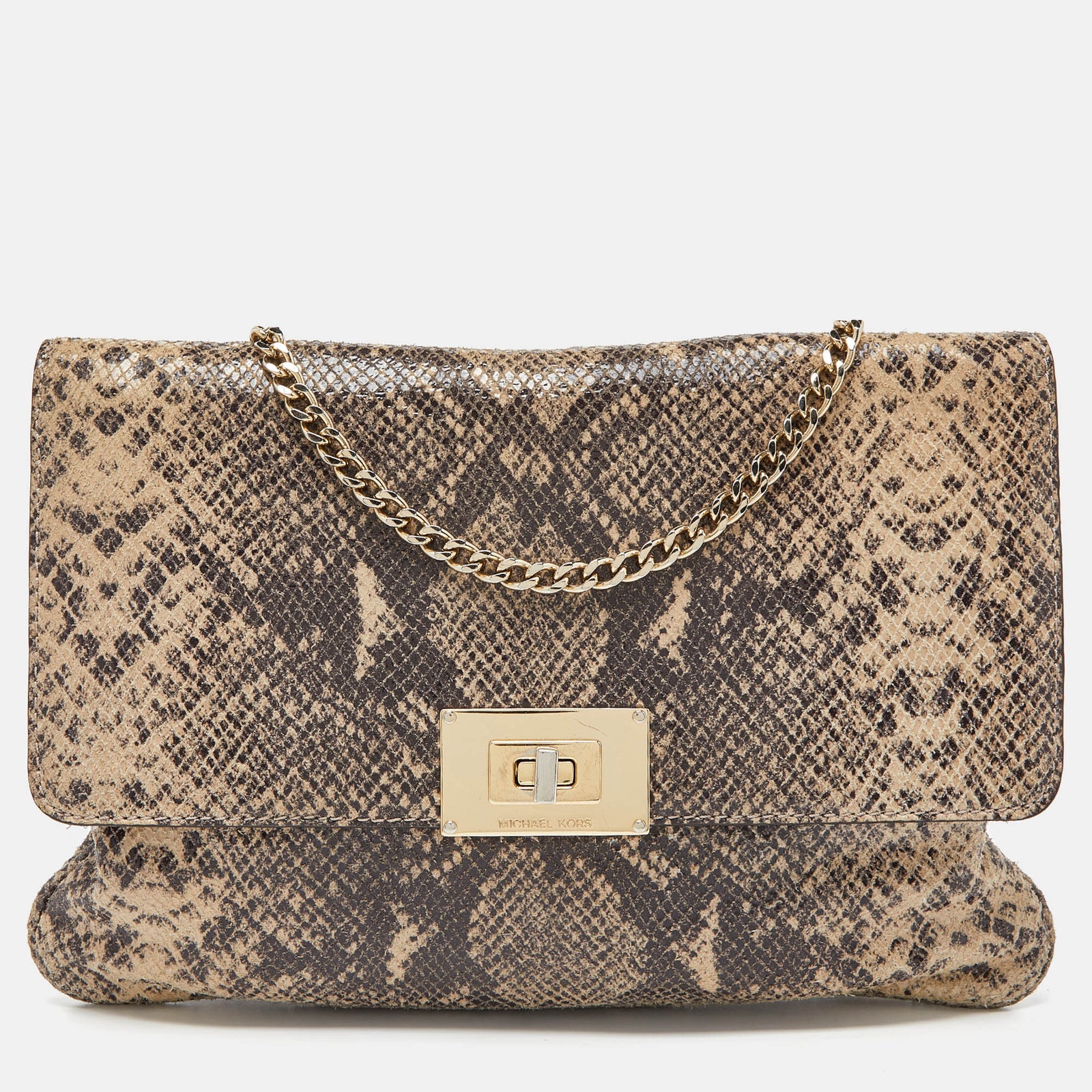 Michael Kors Beige Python Effect Leather Oversized Sloan Chain Clutch