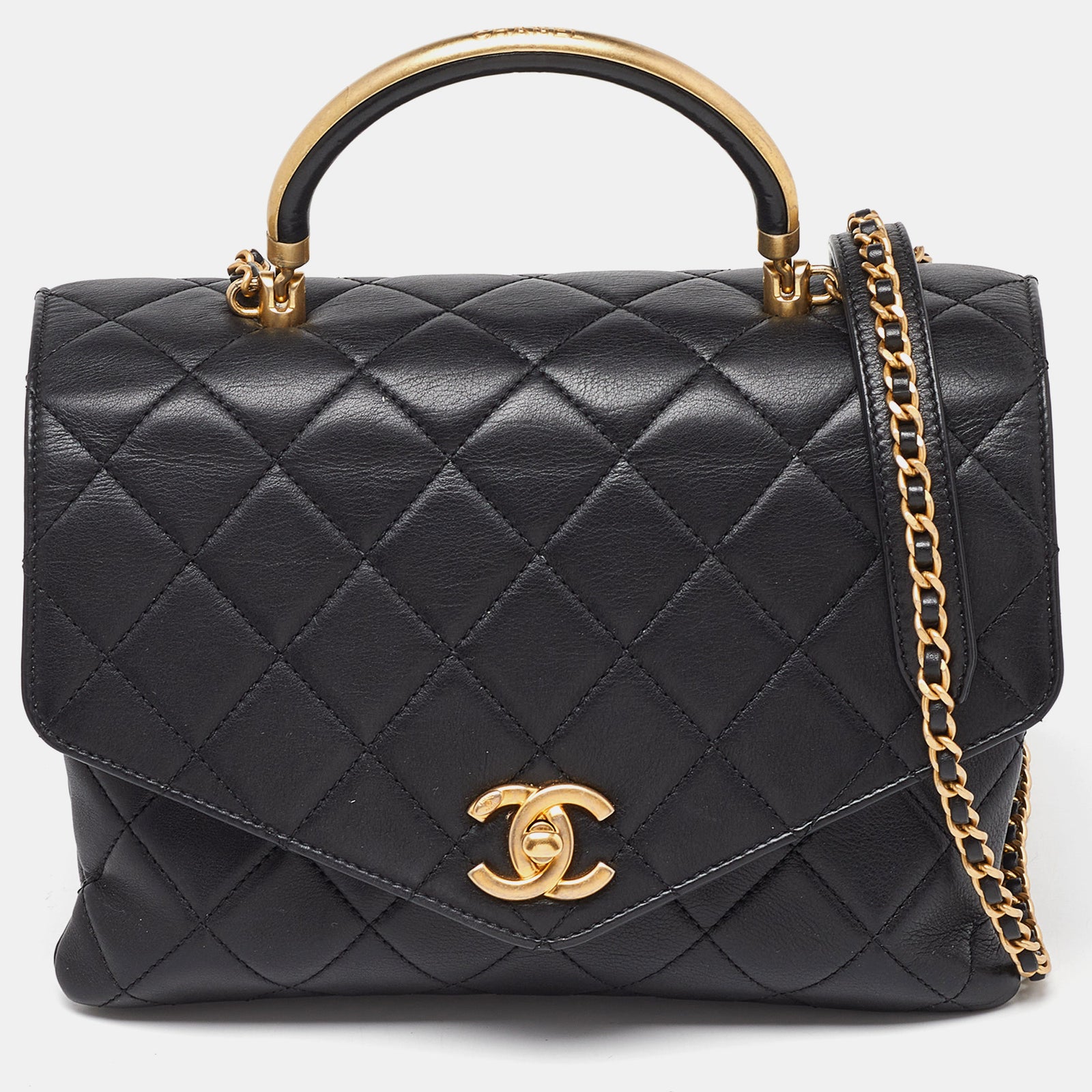 Chanel Sac à main en cuir matelassé noir avec rabat et poignée supérieure dorée