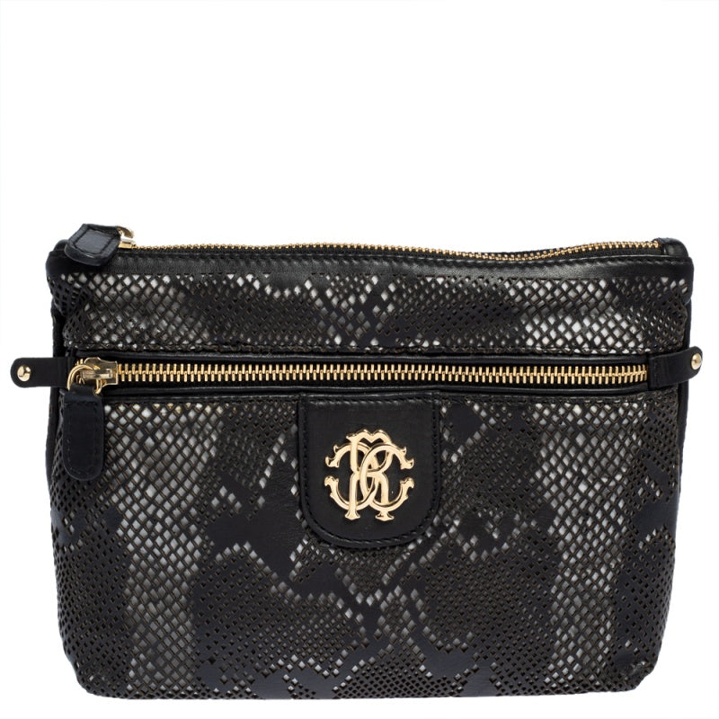 Roberto Cavalli Black Perforated Leather Pouch