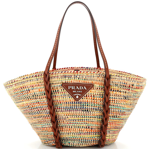 PRADA Basket Tote Woven Raffia with Leather Medium