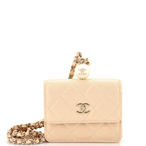 CHANEL CC Pearl Coin Card Holder with Chain Quilted Iridescent Caviar