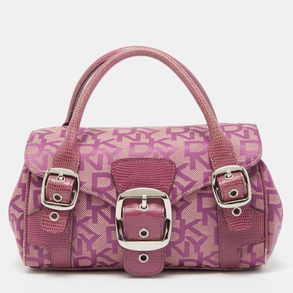 DKNY Magenta Signature Canvas and Lizard Embossed Leather Buckle Flap Satchel