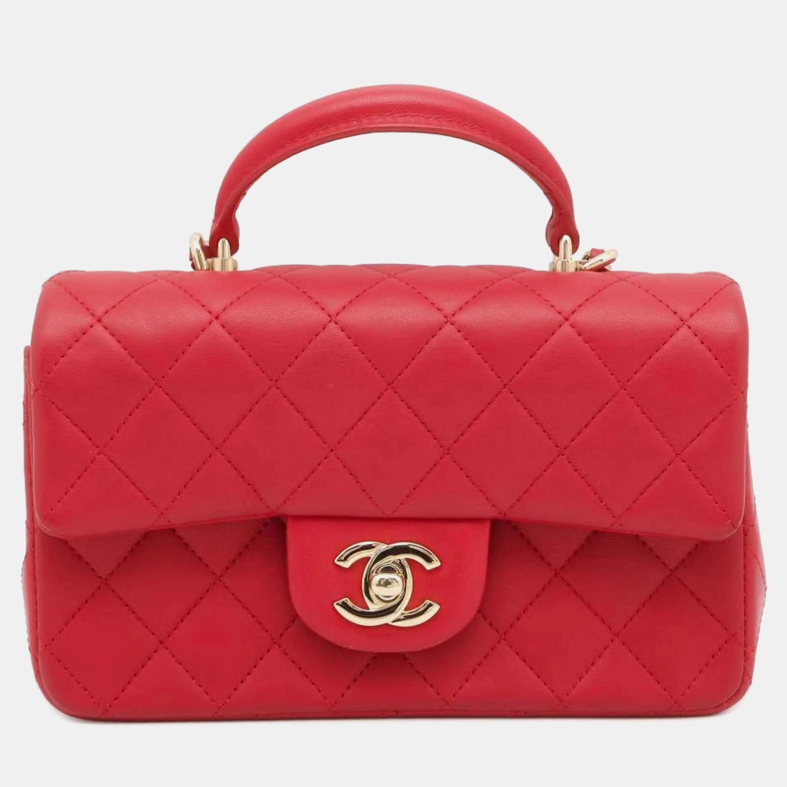 Chanel Mini sac à main rectangulaire matelassé en cuir d'agneau rouge avec poignée sur le dessus