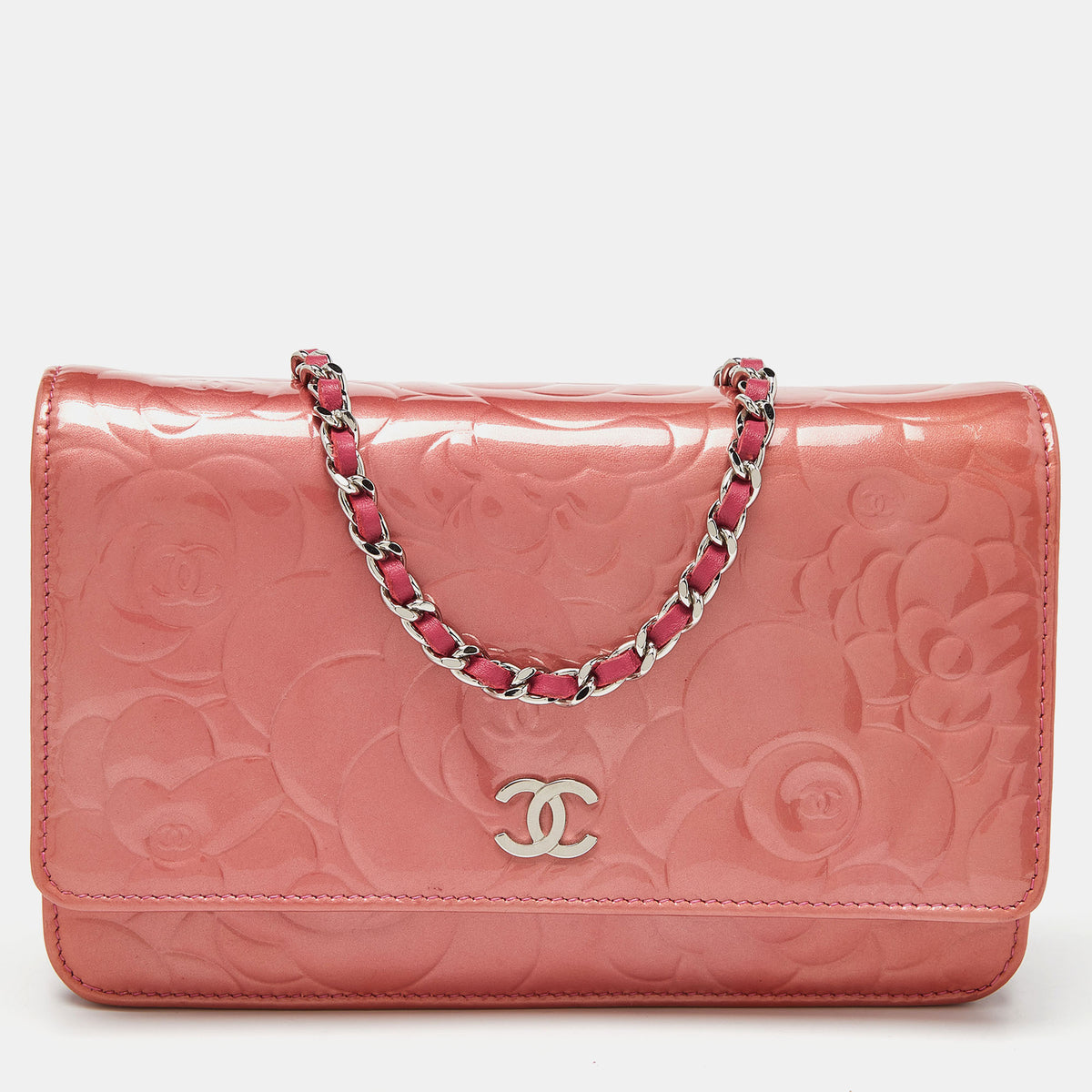 Chanel Pink Camellia Patent and Leather Wallet On Chain