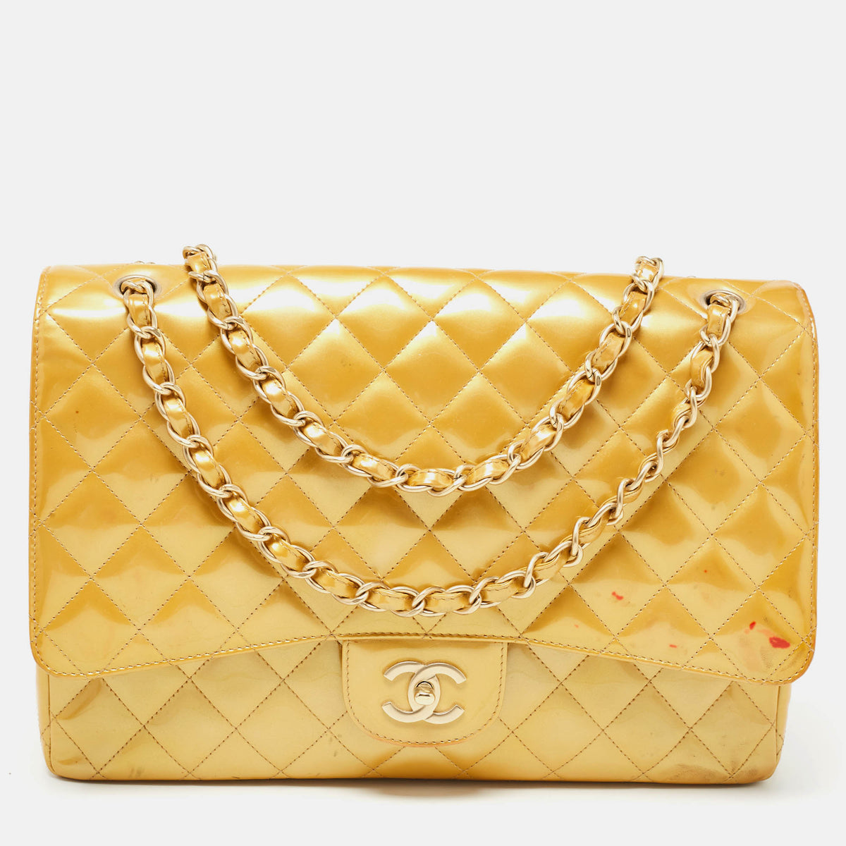 Chanel Gold Quilted Patent Leather Maxi Classic Single Flap Bag