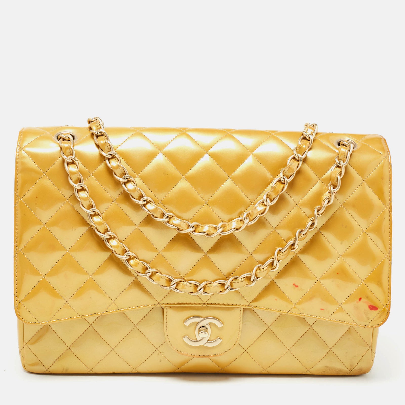 Chanel Klassische Maxi-Tasche mit einzelner Klappe aus gestepptem Lackleder in Gold