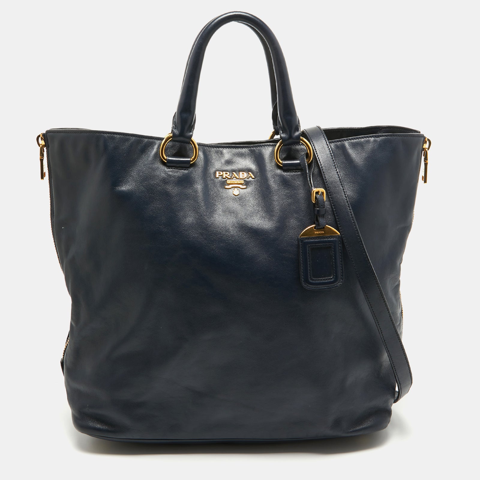 Prada Navy Blue Leather Side Zip Tote