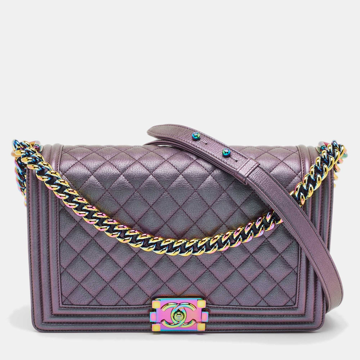 Chanel Purple Iridescent Quilted Leather New Medium Boy Flap Bag