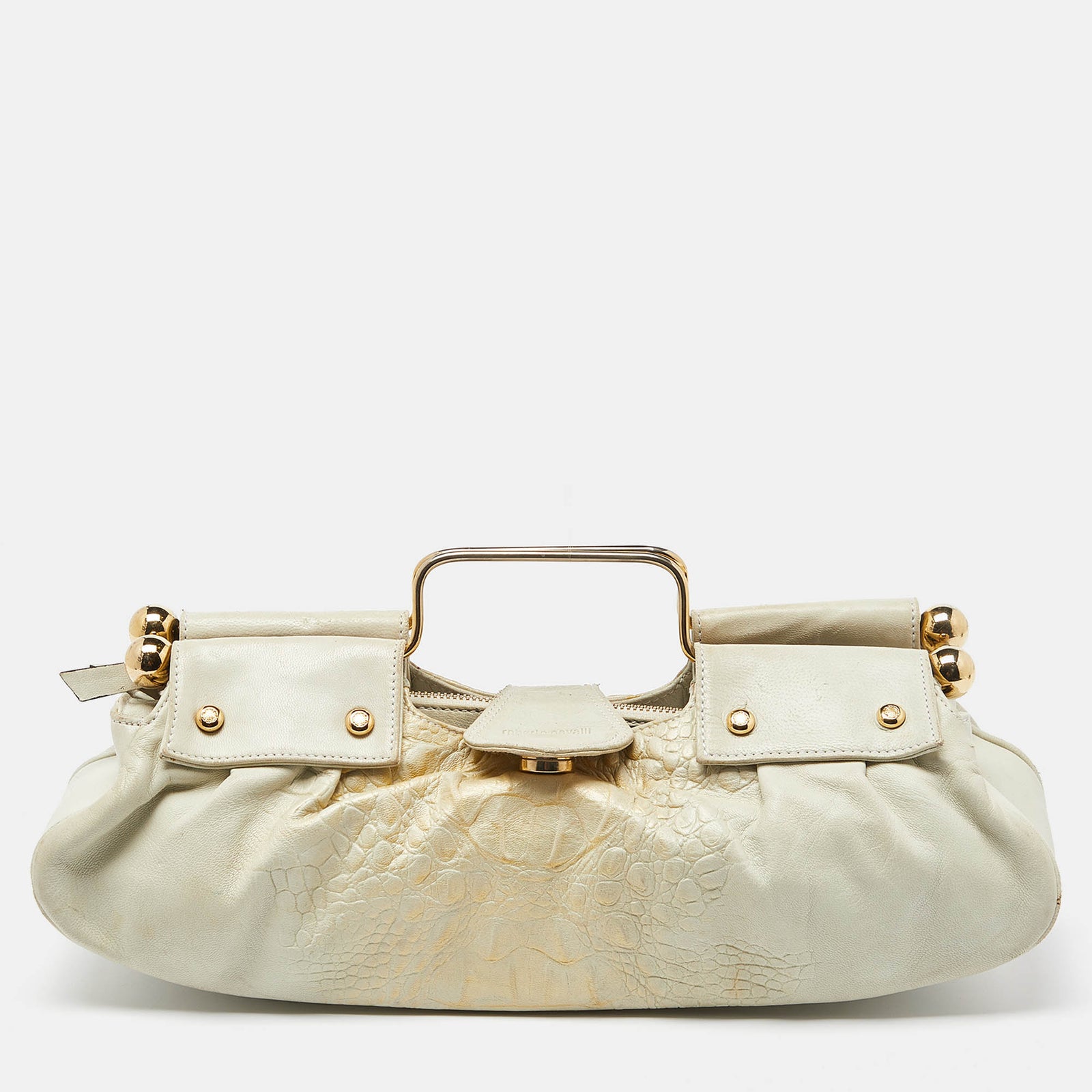 Roberto Cavalli Cream Leather Metal Frame Clutch