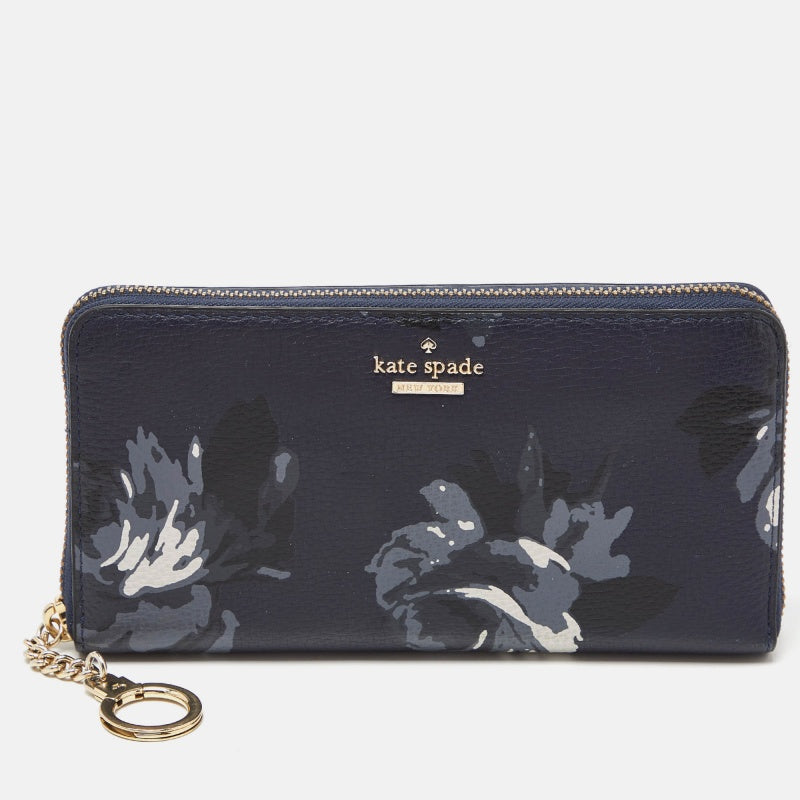 Kate Spade Blue FLoral Print Leather Zip Around Wallet