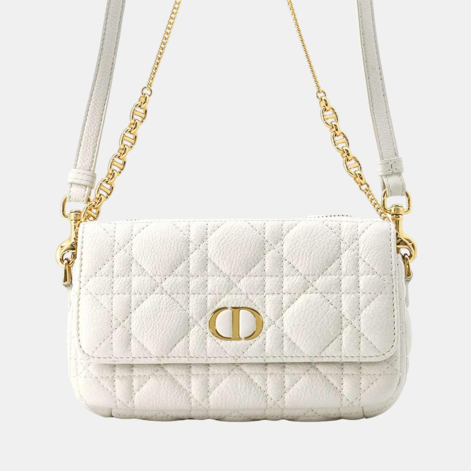 Dior White Leather Cannage Caro Chain Shoulder Bag