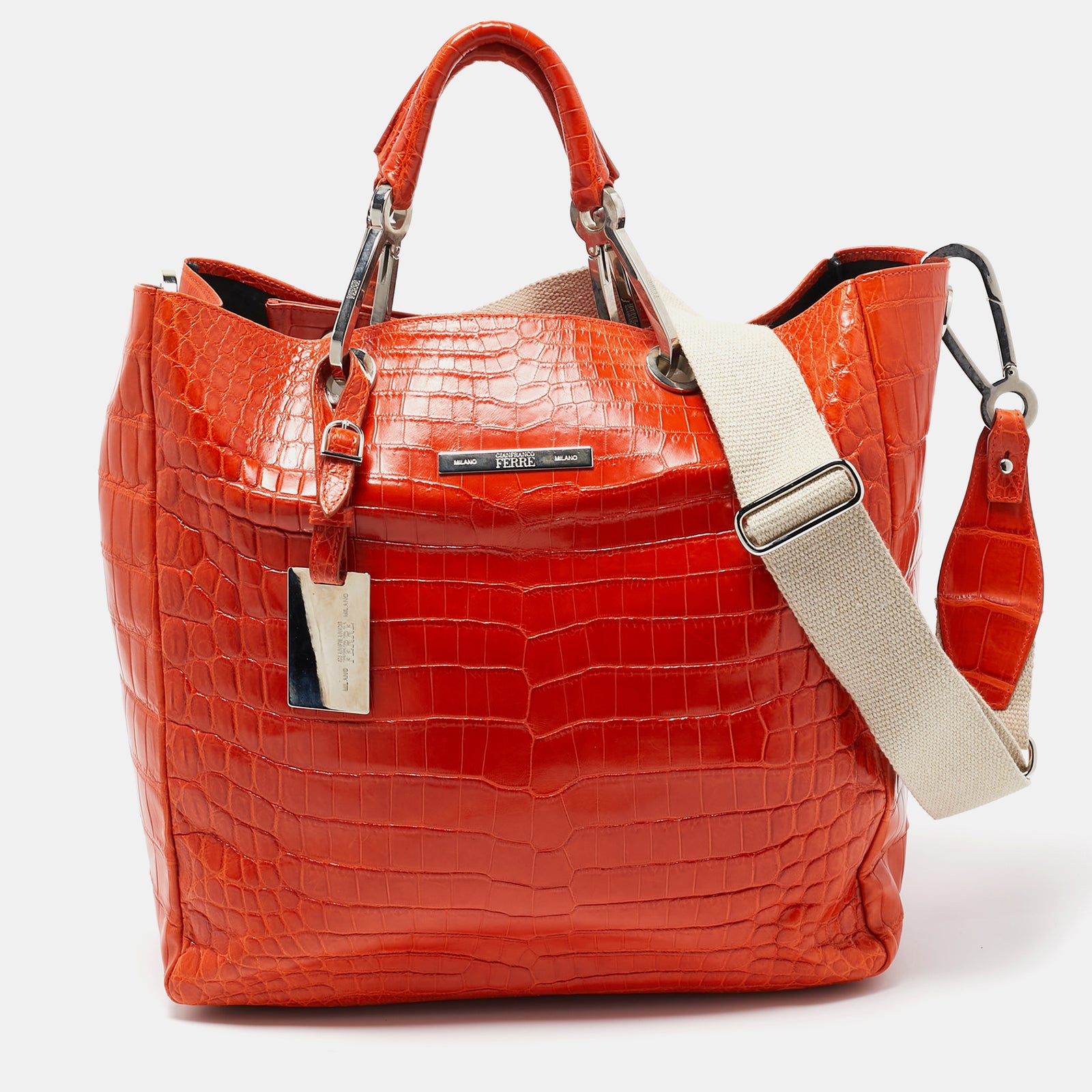 Gianfranco Ferre Orange Crocodile Buckle Tote