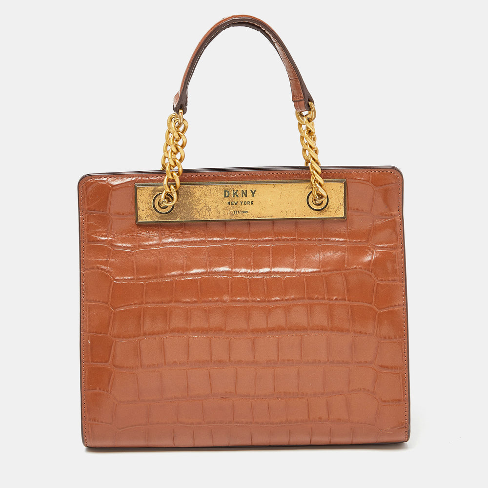 DKNY Brown Croc Embossed Leather Chain Bag