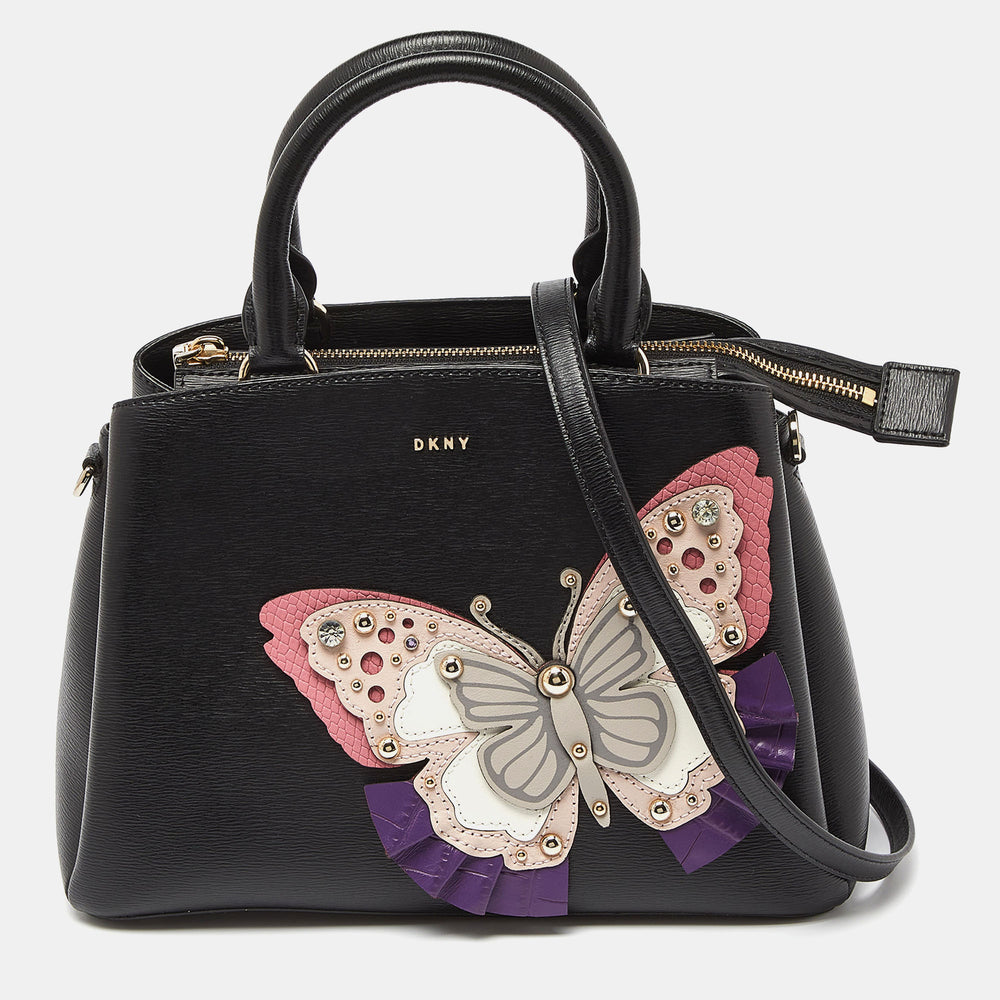 DKNY Black Leather Butterfly Embellished Paige Satchel