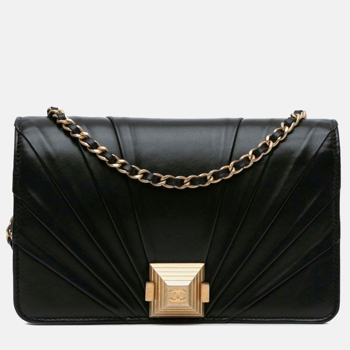 Chanel Black Lambskin Leather Pyramid Wallet On Chain