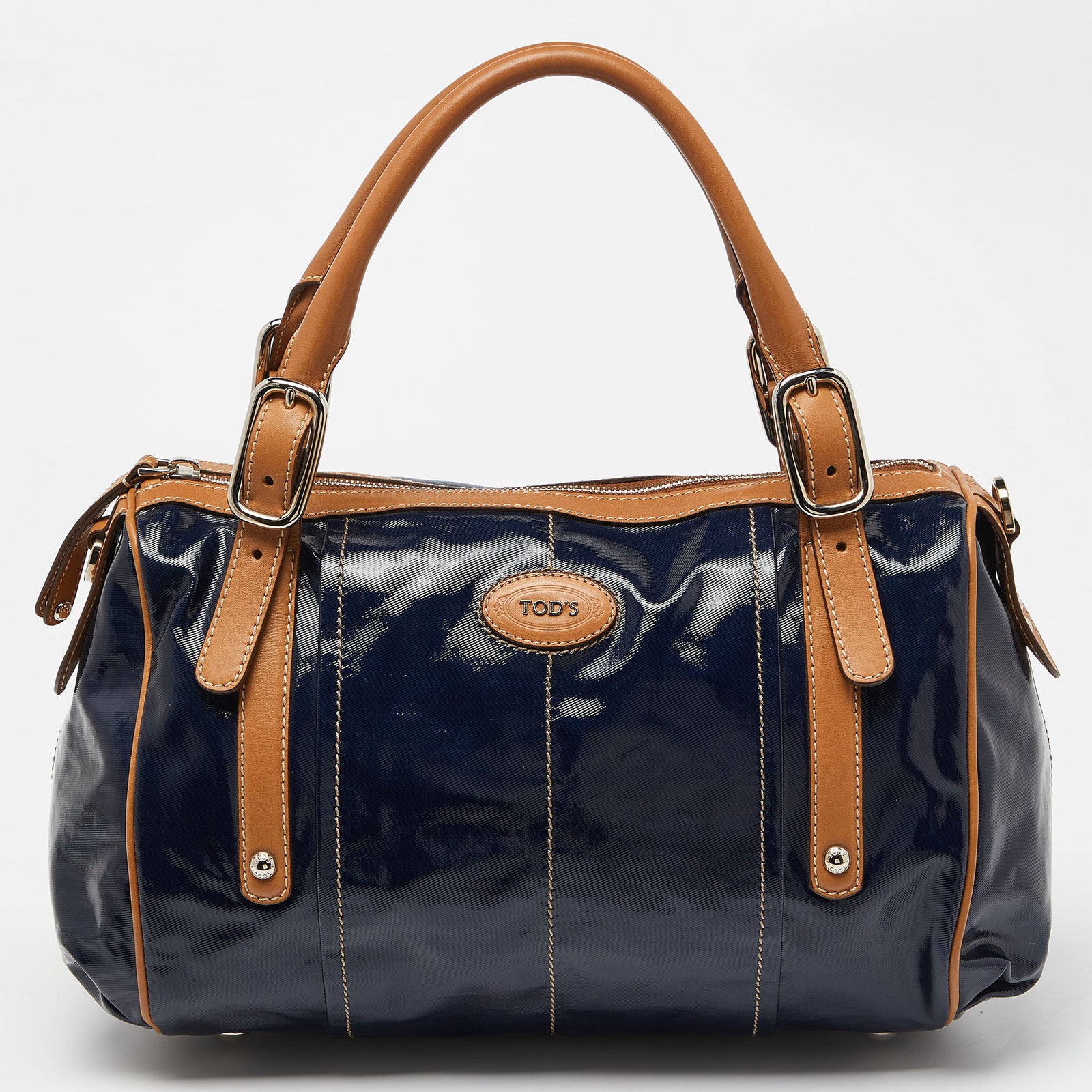 Tod's Tod&rsquo;s Navy Blue/BrownCoated Canvas and Leather G-Bag Easy Sacca Satchel