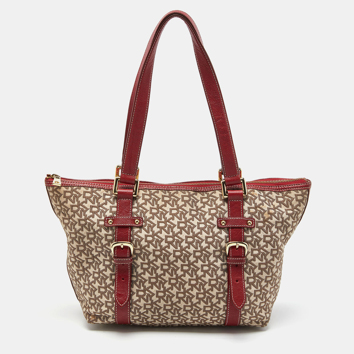 DKNY DKNY Beige/Red Signature Canvas and Leather Zip Tote