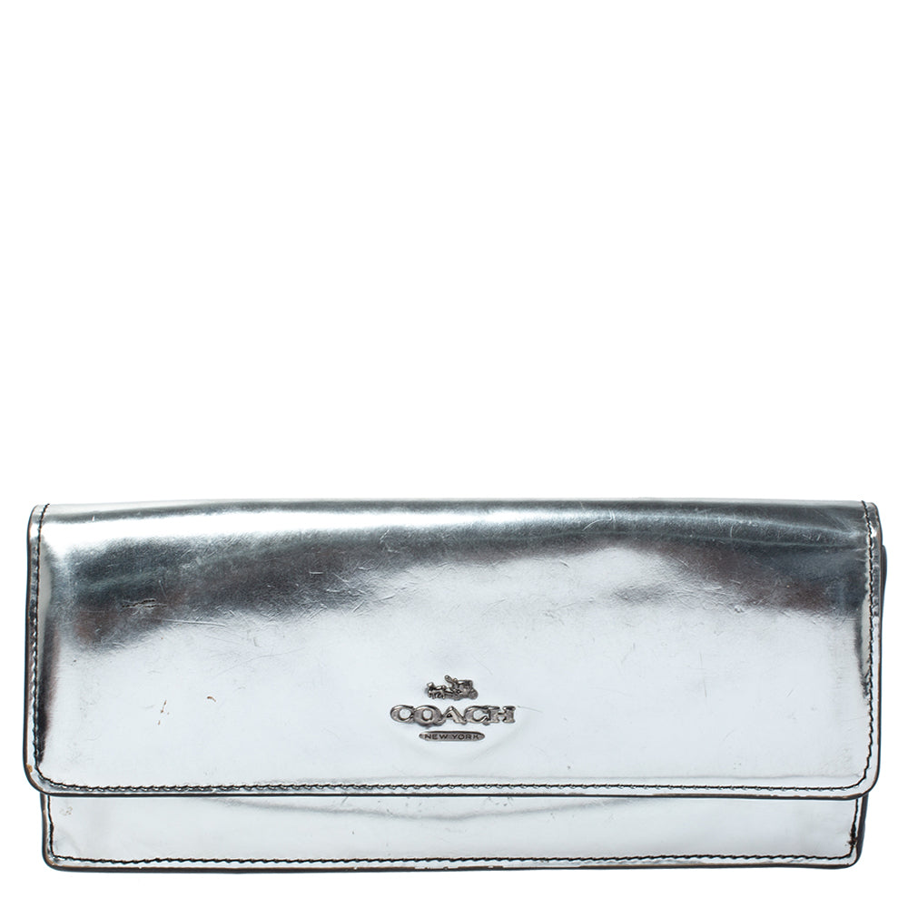 Coach Metallic Silver Patent Leather Continental Wallet