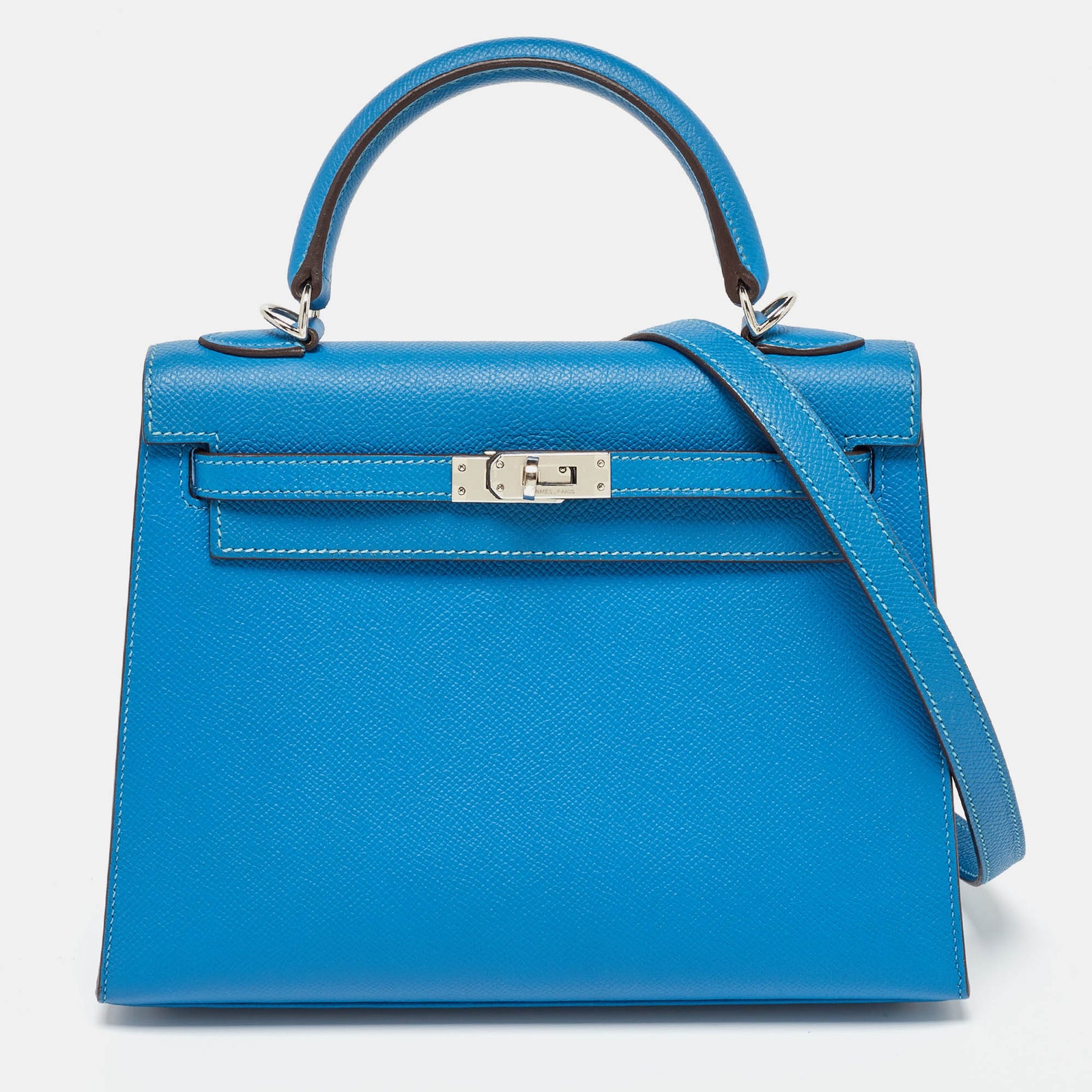 Herm?s Sac Kelly Sellier 25 en cuir Epsom Bleu Izmir finition palladiée