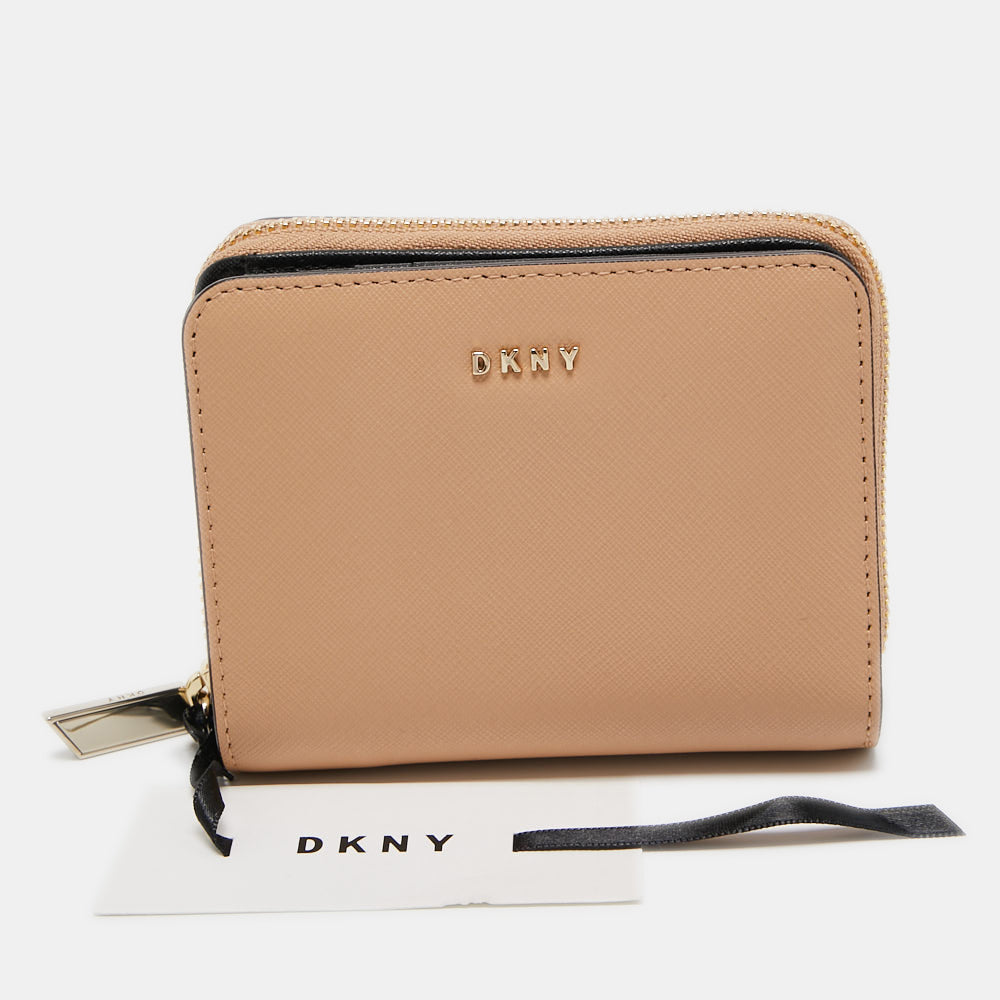 DKNY Beige Saffiano Leather Zip Around Compact Wallet