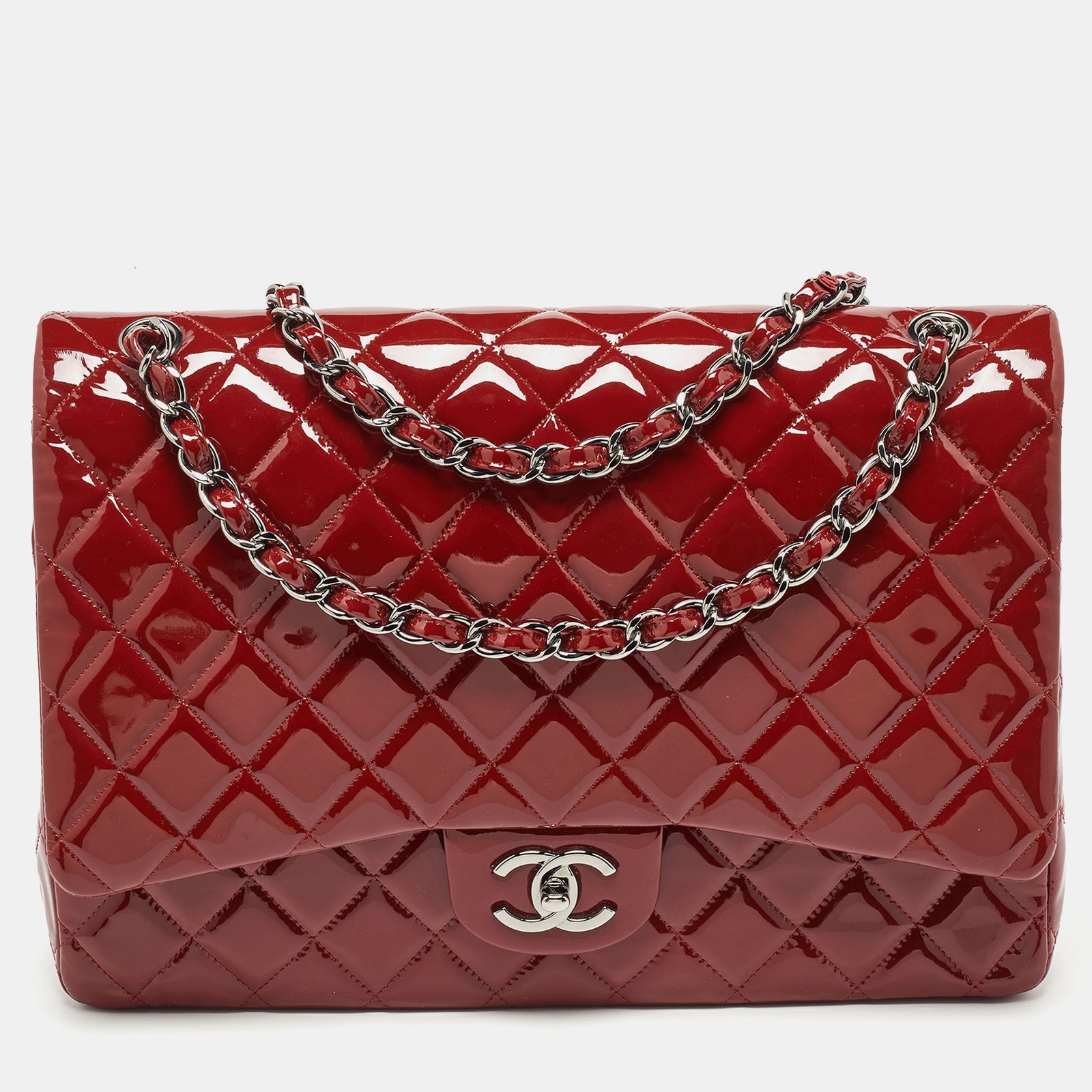 Chanel Red Quilted Patent Leather Maxi Classic Double Flap Bag