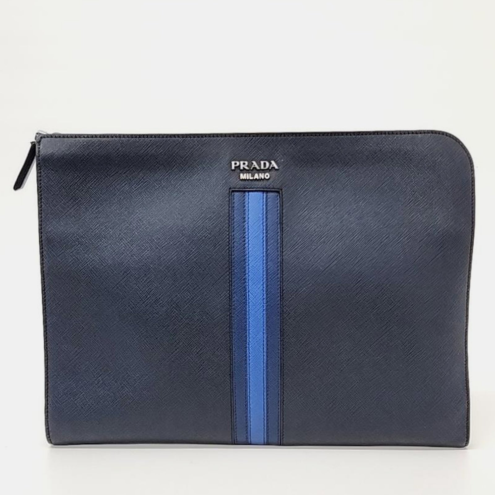 Prada Blue Leather Saffiano Treble Clutch