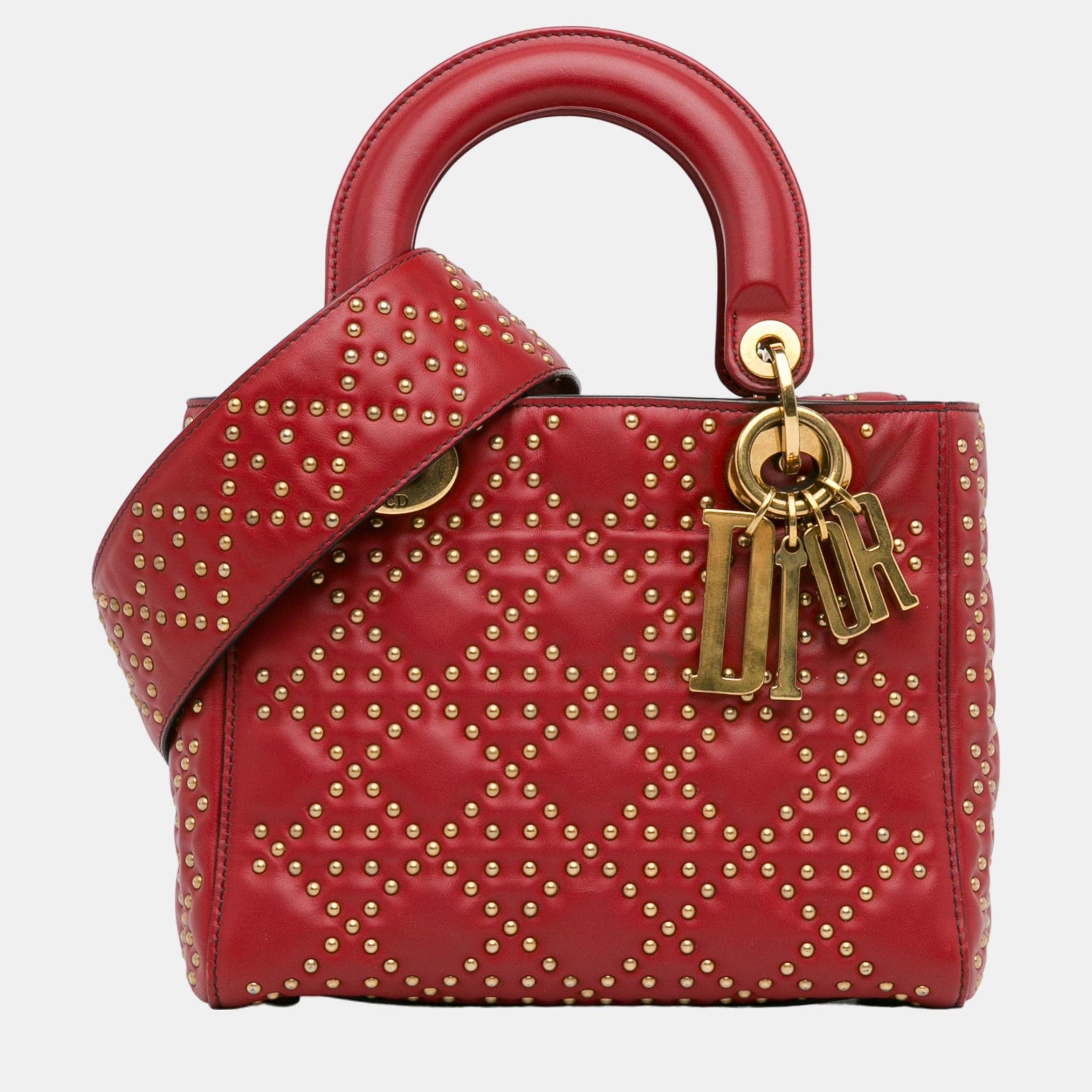 Dior Sac Lady Dior souple en cuir d'agneau rouge clouté Cannage