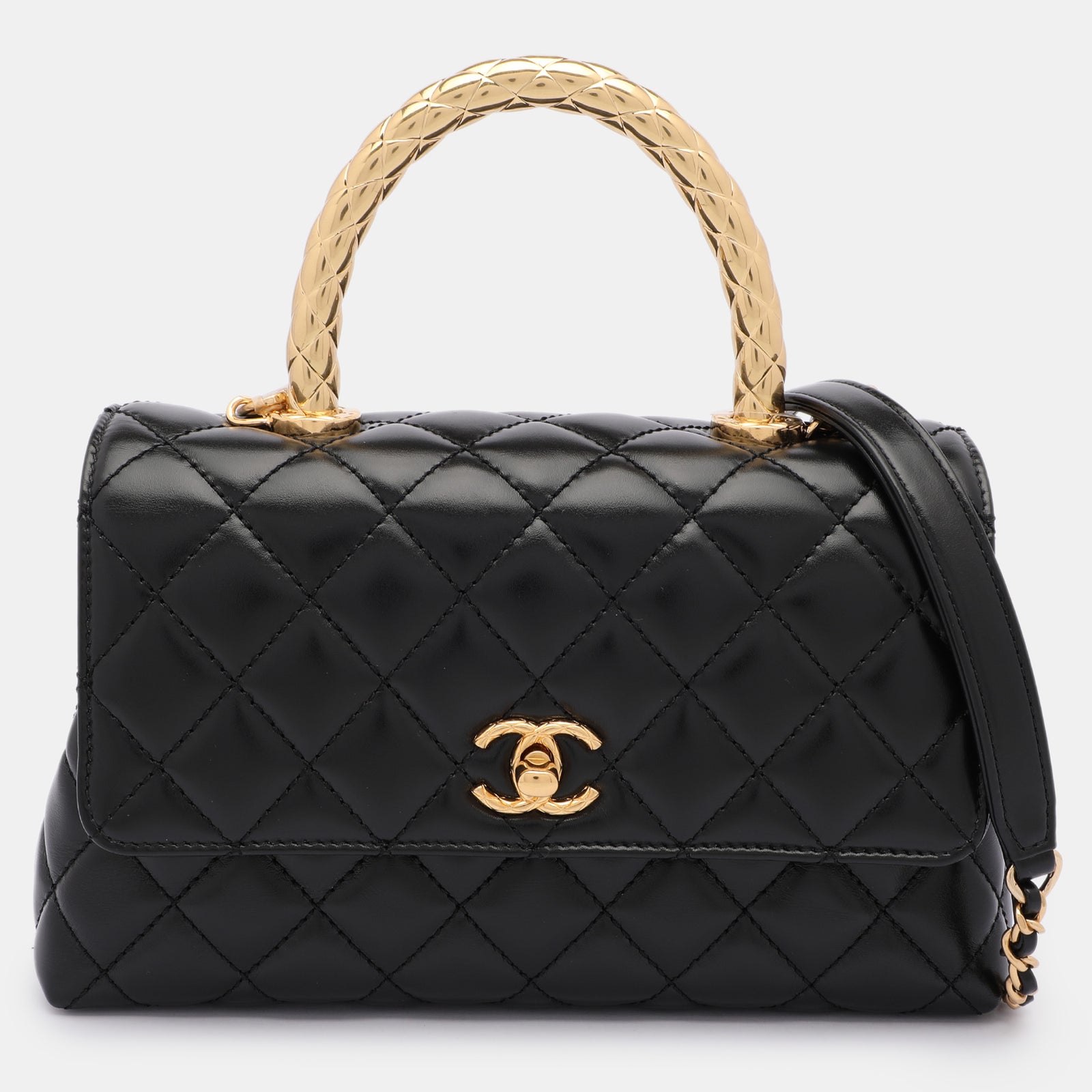 Chanel Petit sac à main Coco en cuir matelassé noir avec poignée supérieure en métal