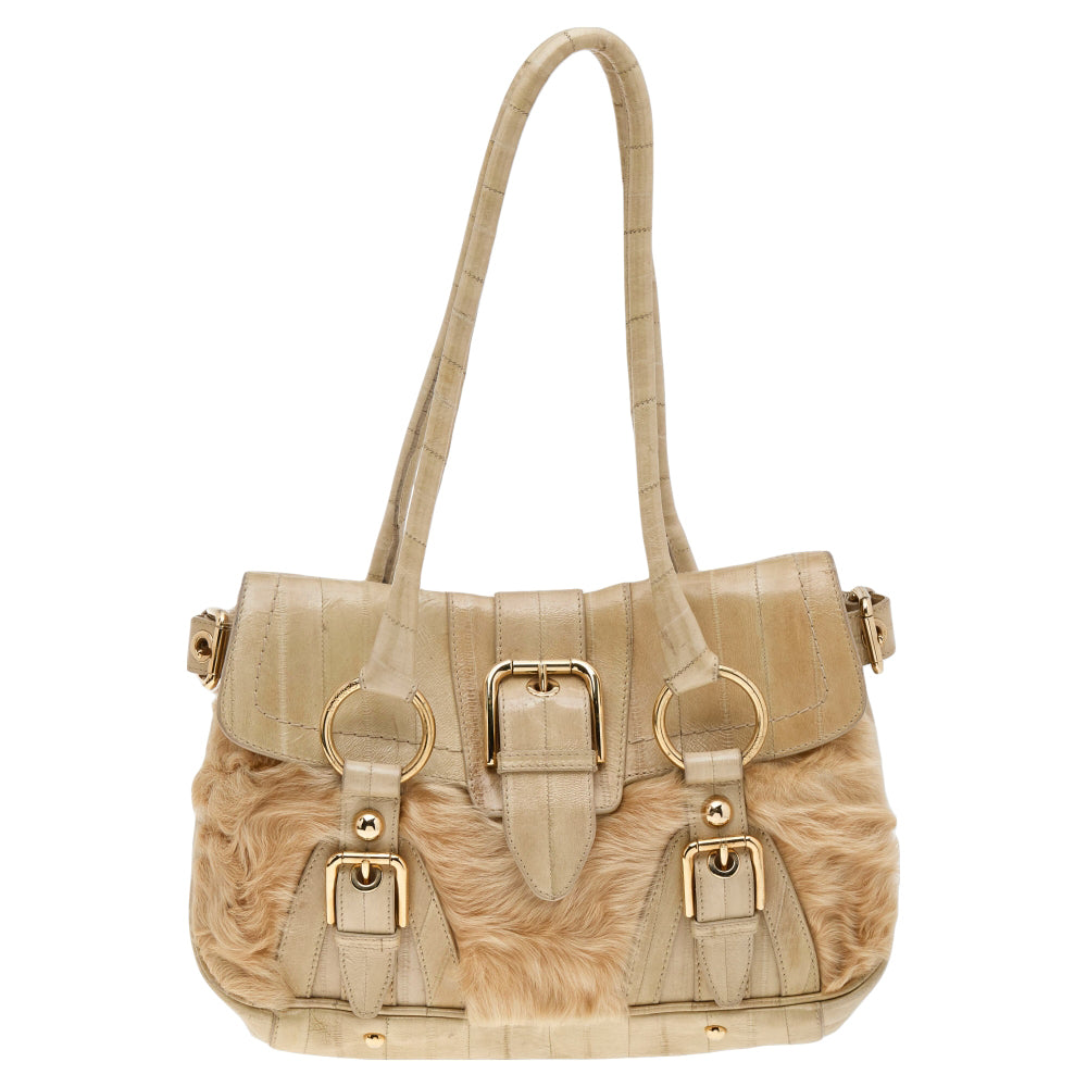 Dolce & Gabbana Beige Eel Leather and Fur Satchel