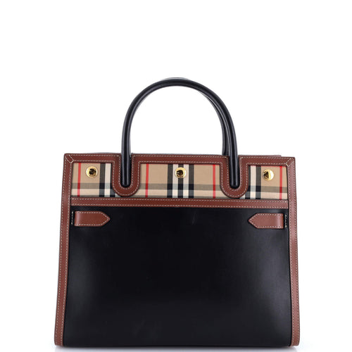 Title Two Handle Tote Leather with Vintage Check Canvas Small